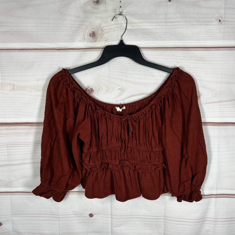 Entro Top Womens Medium Orange Crop Blouse Off The Shoulder Short Sleeve Woven
